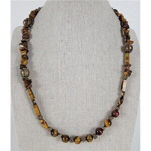 Vintage Tiger’s Eye Beaded Necklace Filigree Fishhook Box Clasp 19"